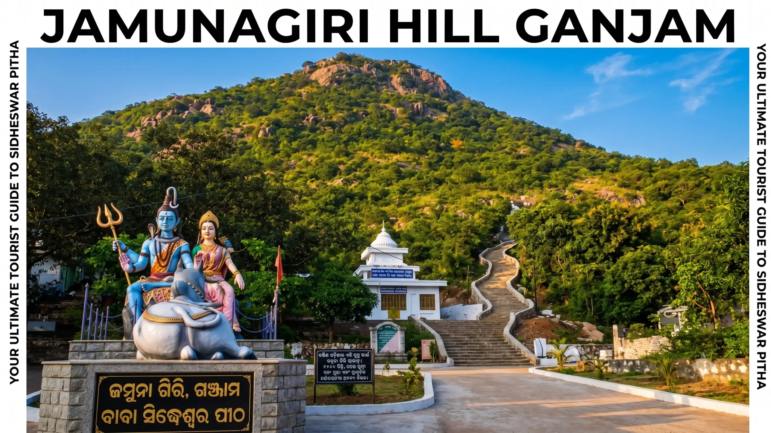 जमुना गिरी पहाड़ी गंजाम featuring Shiv Parvati statue at foothill and stairs leading up to Siddheshwar Mahadev cave temple
